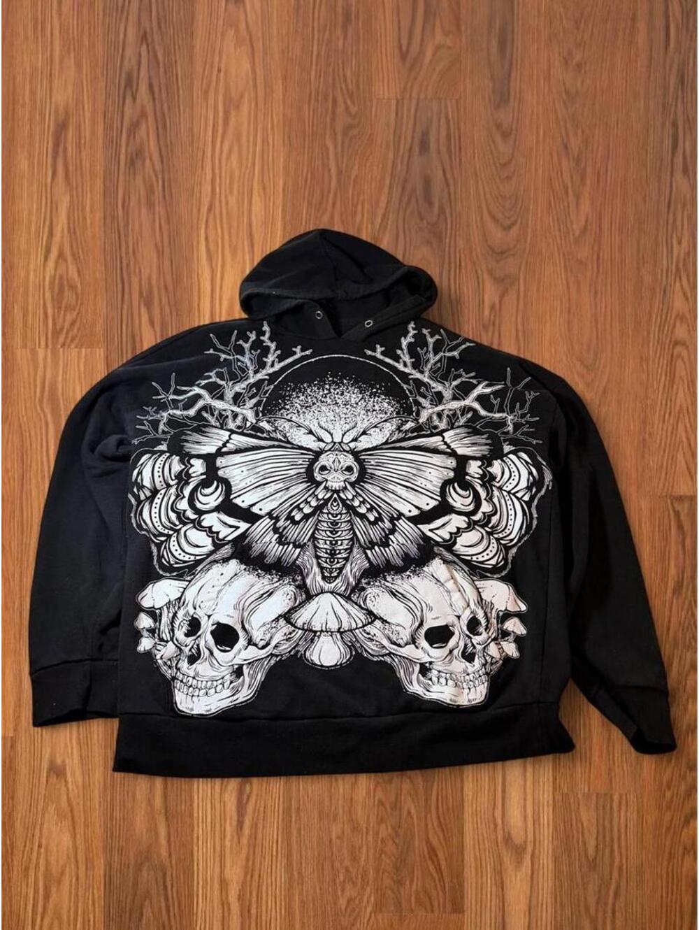 Black Y2K Moth Skull Mushroom Hoodie Gothic Graphic Sweatshirt Affliction Style